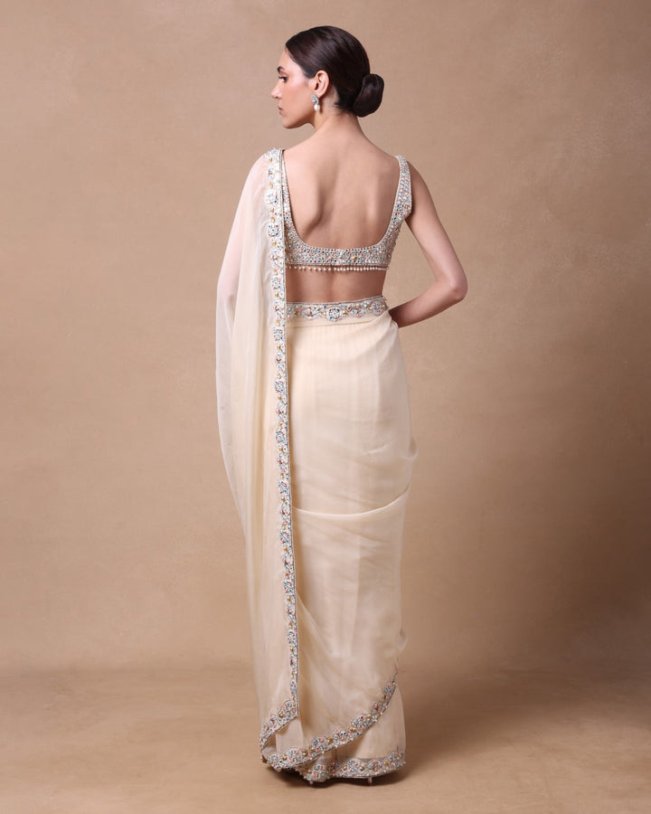 Ivory Organza Pre Draped Mirror Saree Set