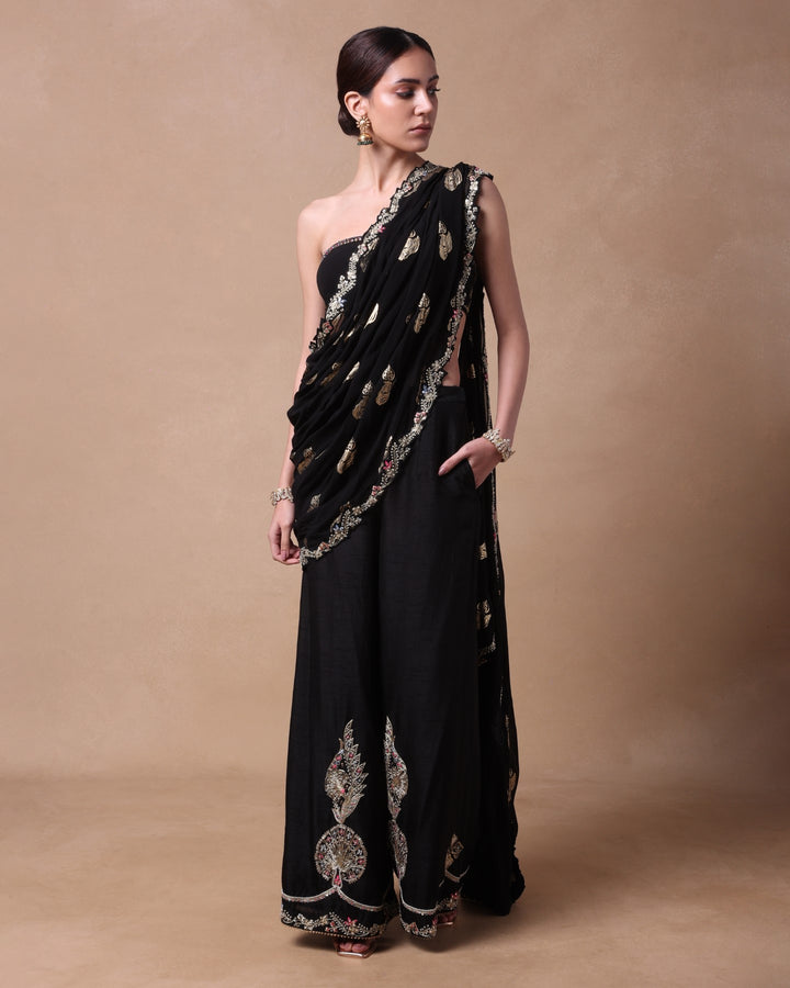 BLACK PURE PETALS PANT SAREE