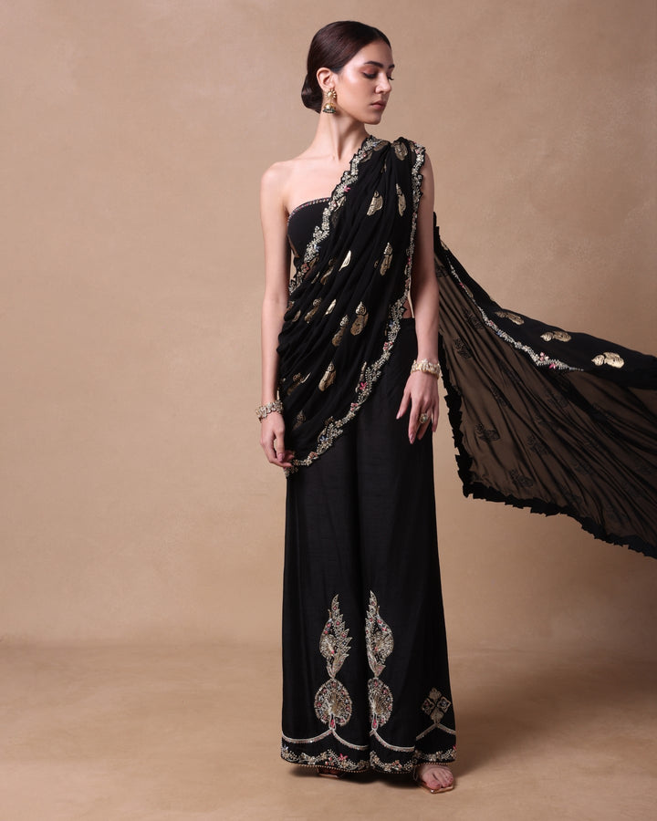 BLACK PURE PETALS PANT SAREE