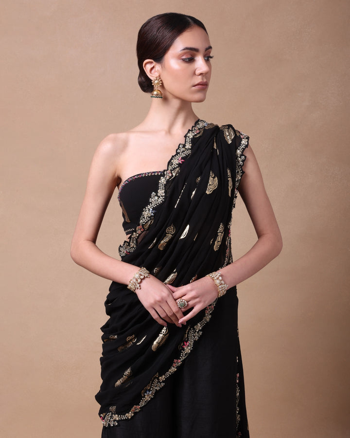 BLACK PURE PETALS PANT SAREE