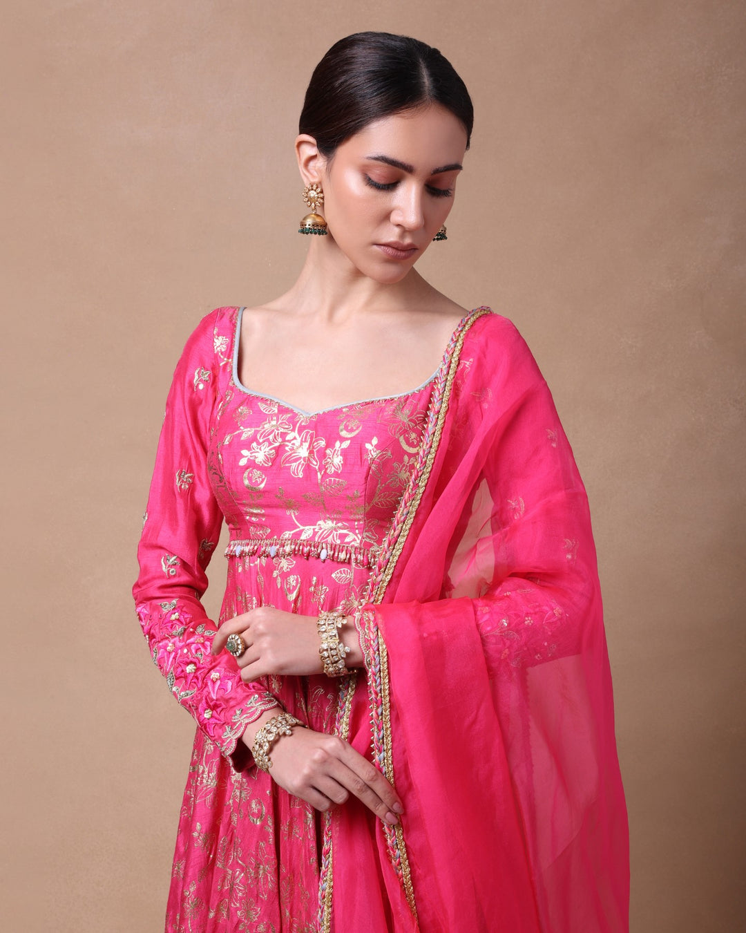Pink Chand Foil Anarkali Set