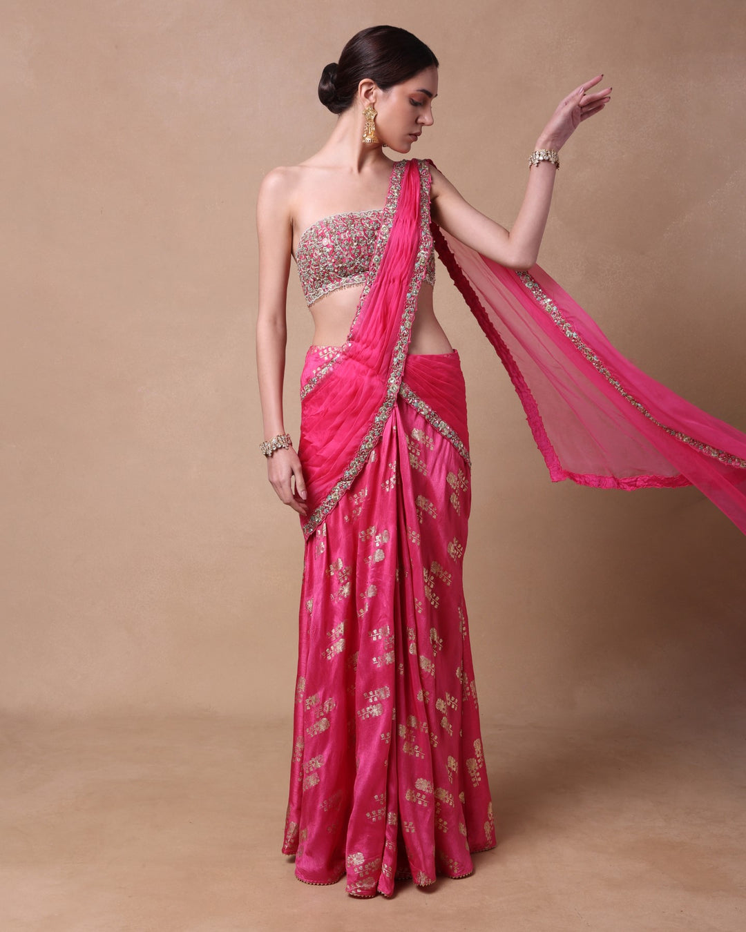 Pink Drape Skirt With Saree Drape