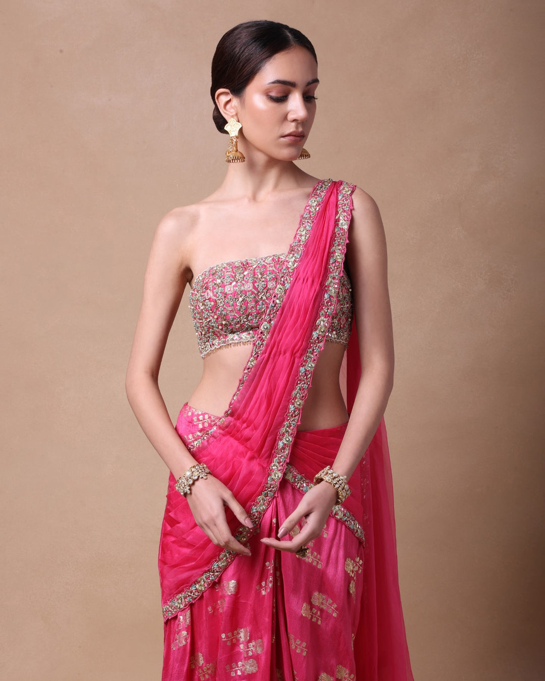 Pink Drape Skirt With Saree Drape