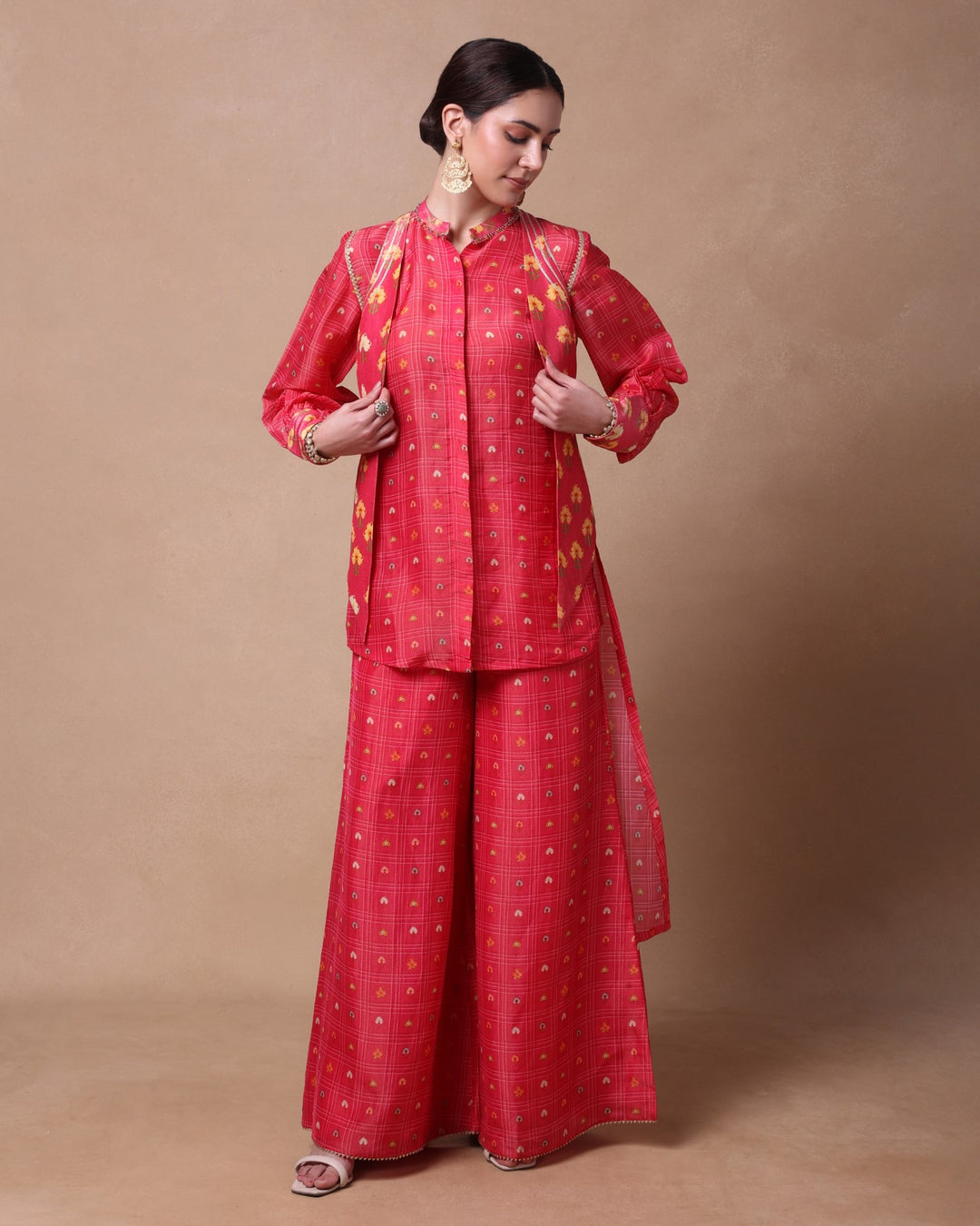 Pink Checkered Petal Fusion Shirt,Palazo And Waistcoat Set