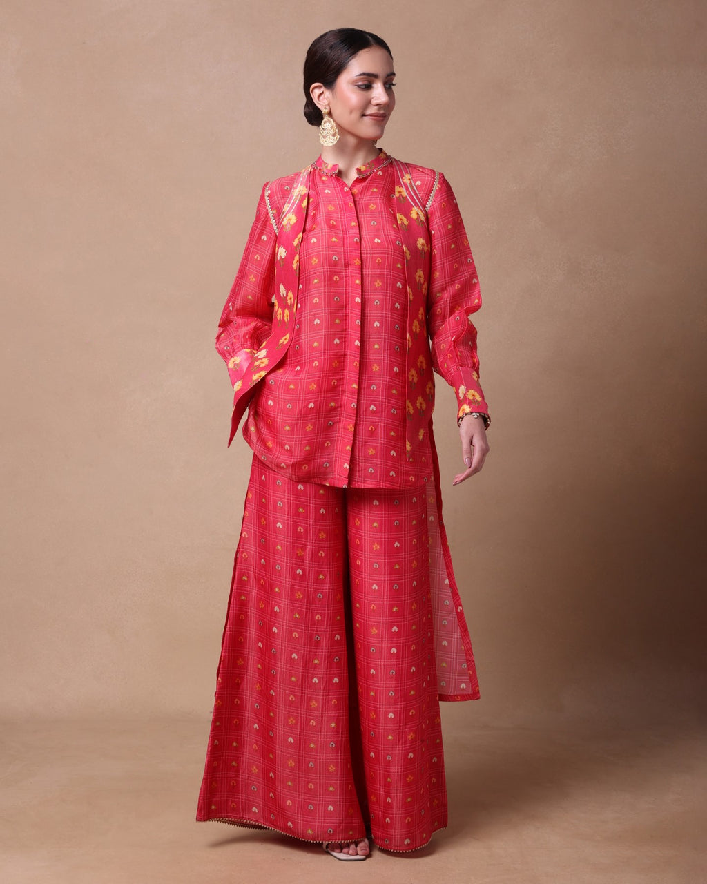 Pink Checkered Petal Fusion Shirt,Palazo And Waistcoat Set