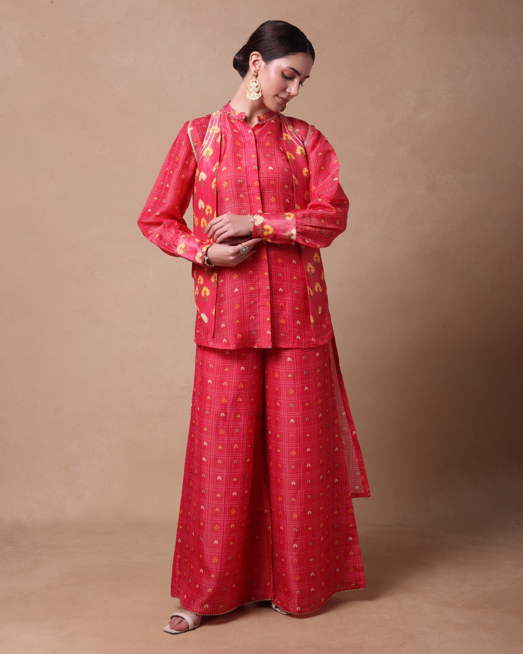 Pink Checkered Petal Fusion Shirt,Palazo And Waistcoat Set