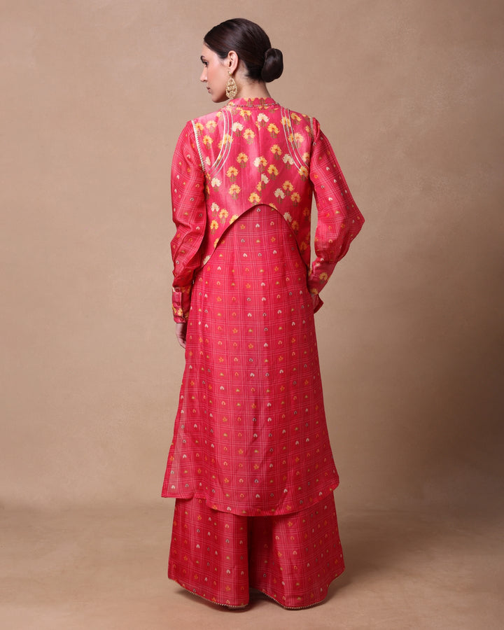 PINK CHECKERED PETAL FUSION SHIRT,PALAZO AND WAISTCOAT SET