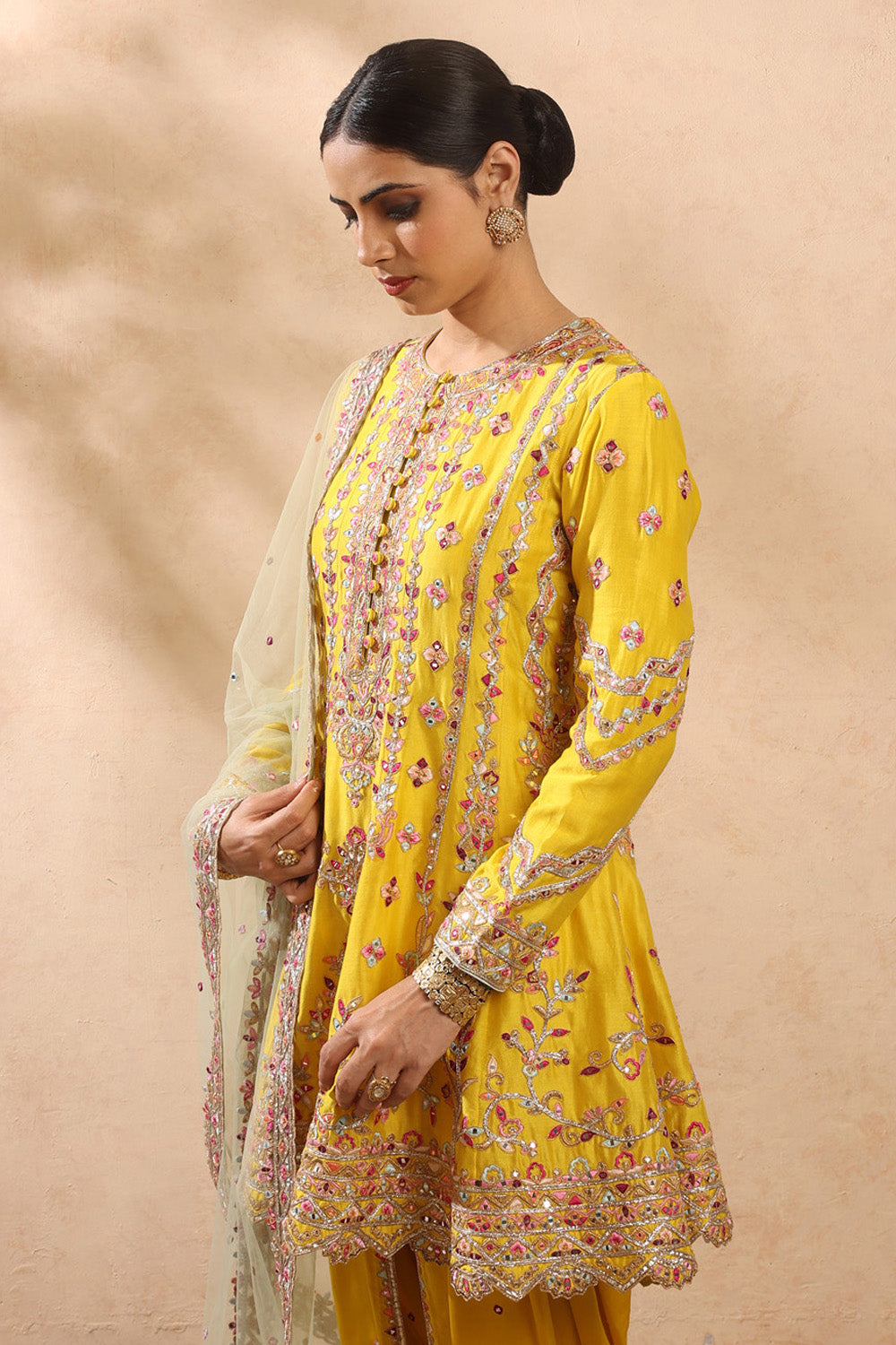 Mustard & Sage Green Kali Kurta And Dhoti