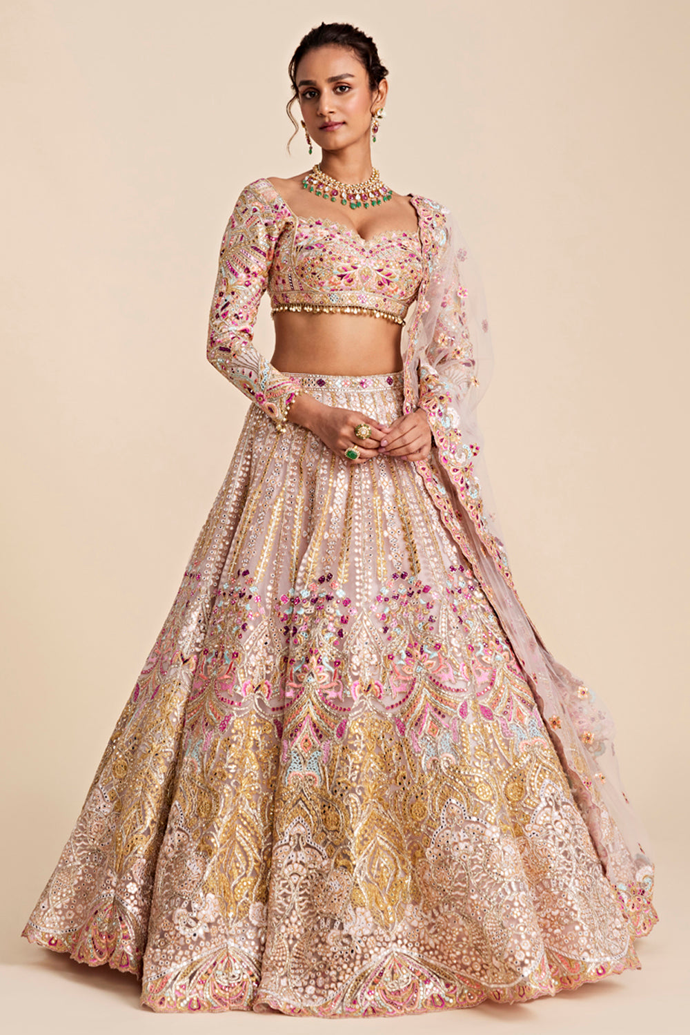 Pink Tulle Self And Multicoloured Embroidered Lehenga Set