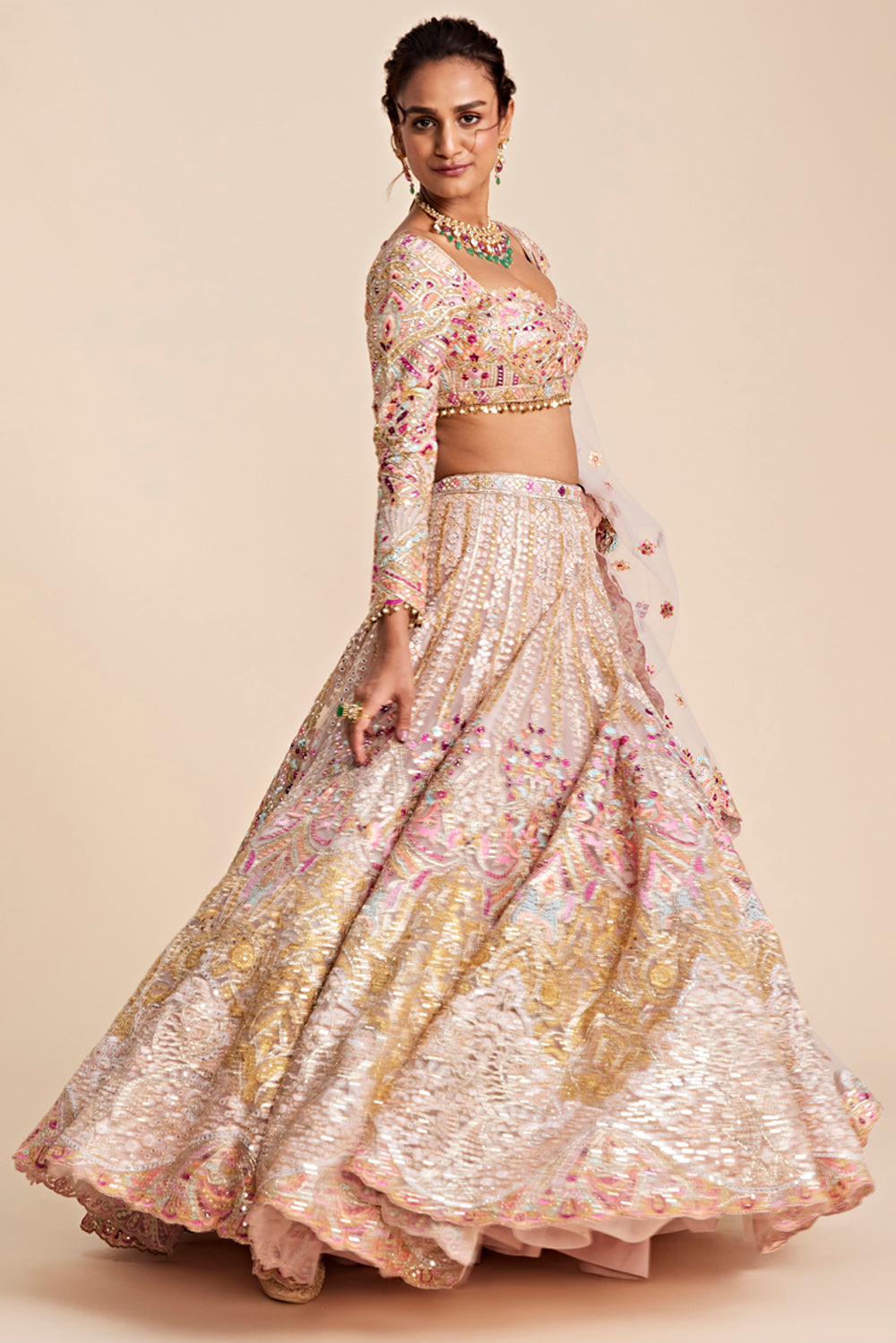 Pink Tulle Self And Multicoloured Embroidered Lehenga Set