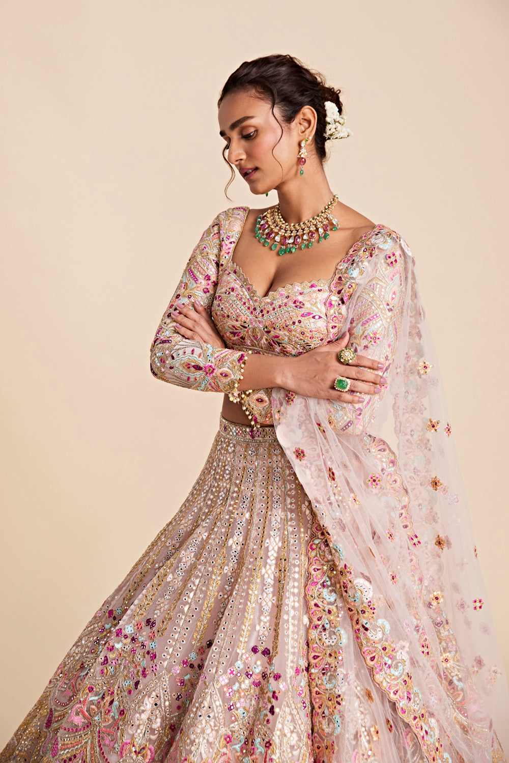 Pink Tulle Self And Multicoloured Embroidered Lehenga Set