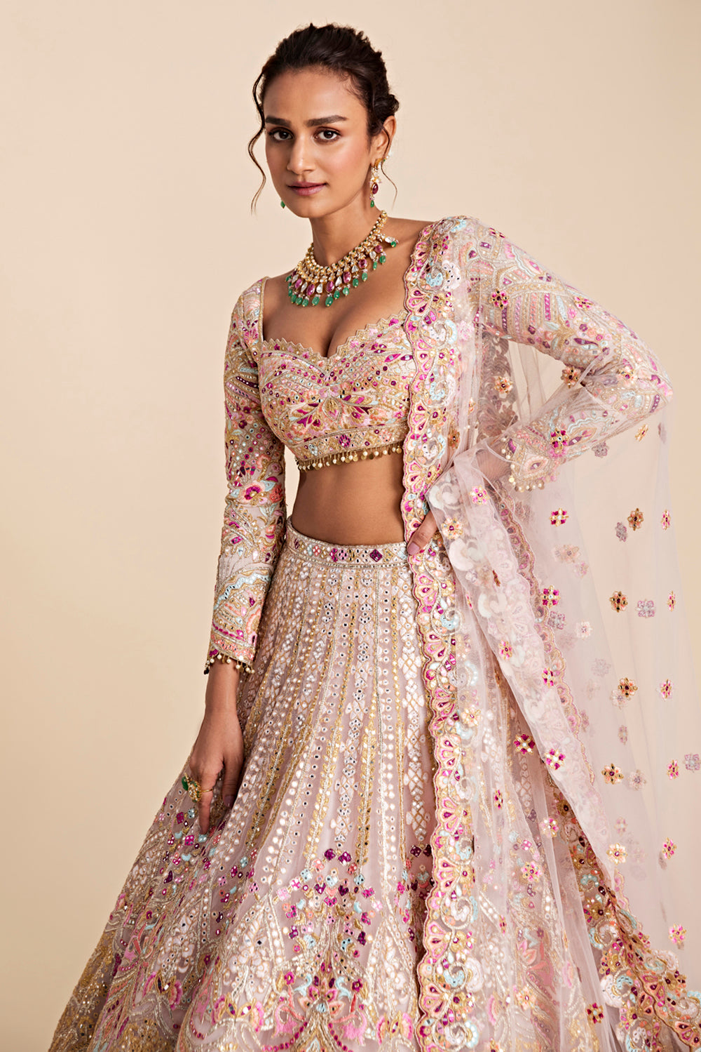 Pink Tulle Self And Multicoloured Embroidered Lehenga Set