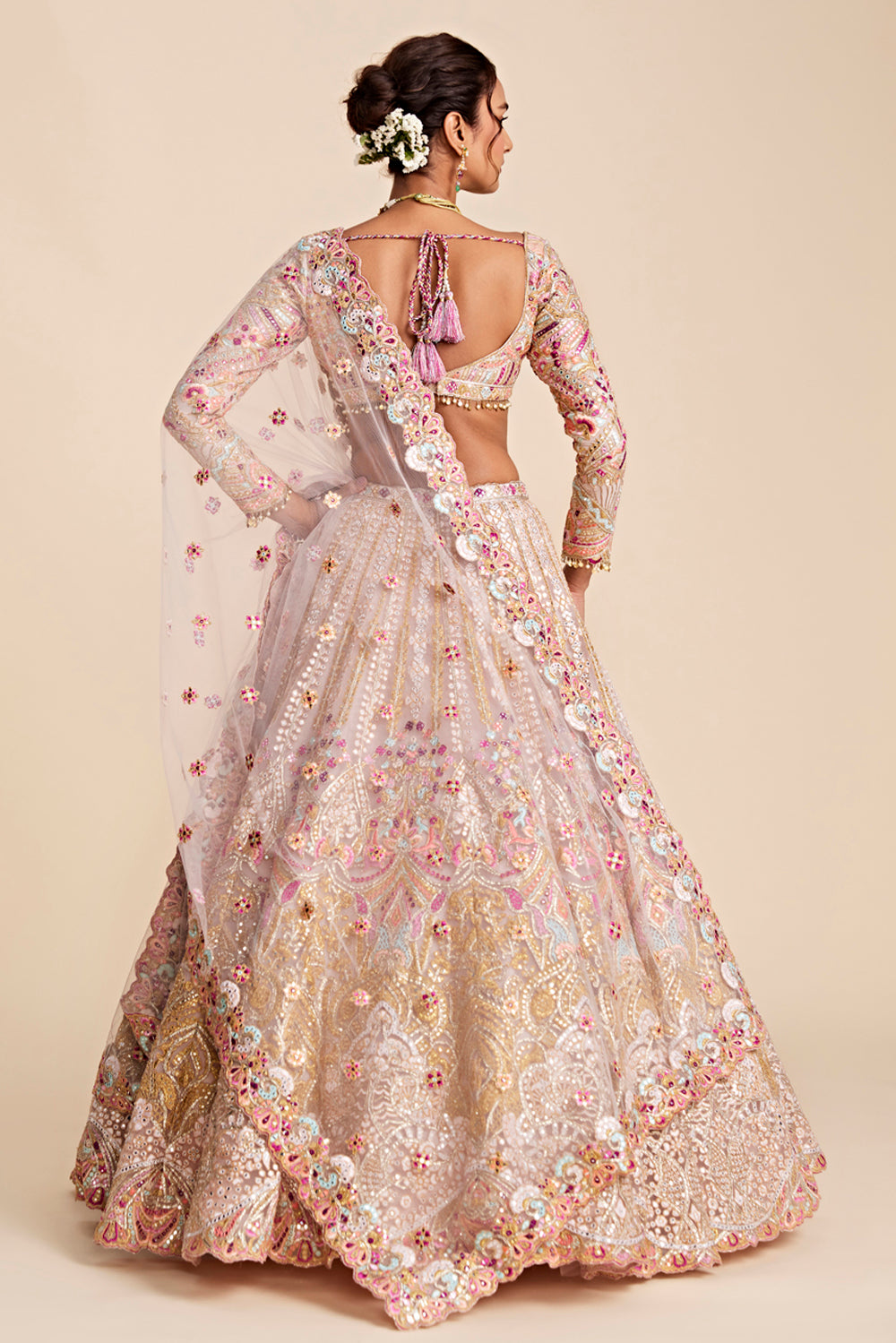 Pink Tulle Self And Multicoloured Embroidered Lehenga Set
