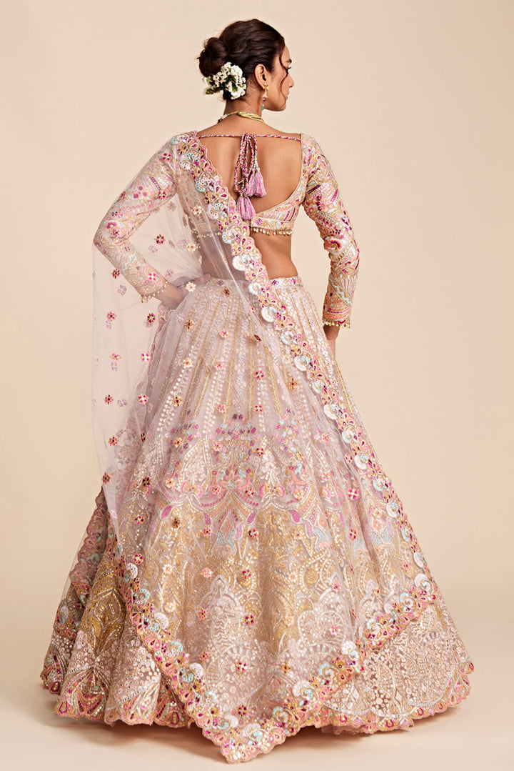 Gunjan Amarnani In Pink Tulle Self and Multicoloured Embroidered Lehenga Set