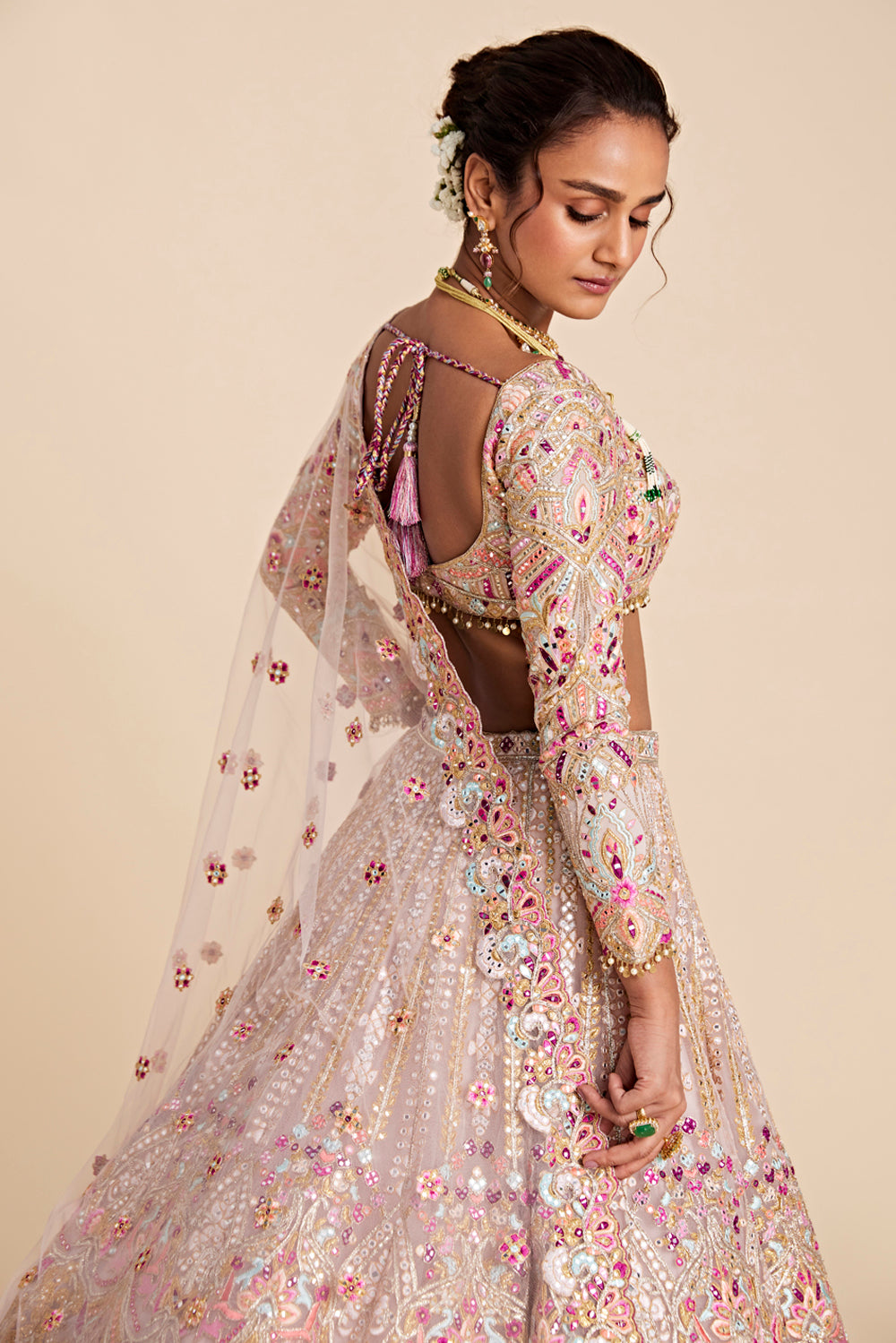 Pink Tulle Self And Multicoloured Embroidered Lehenga Set