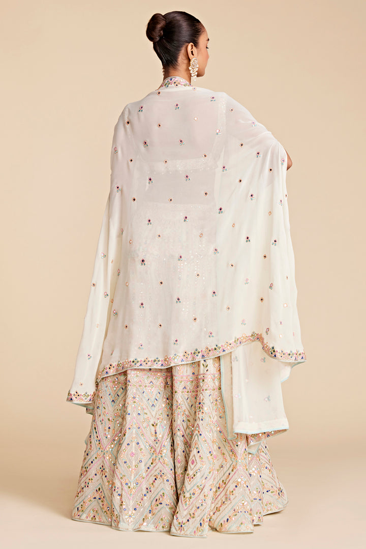 Ivory Georgette High Waist Sharara Set With Cape
