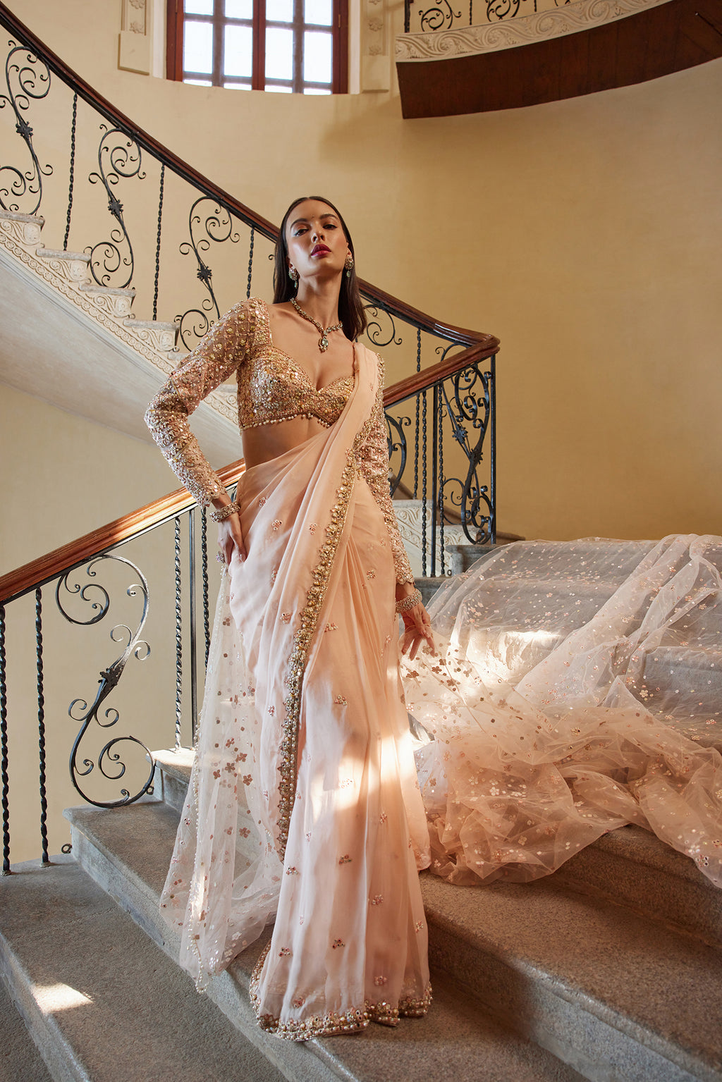 Pre-Drape Peach Organza Saree