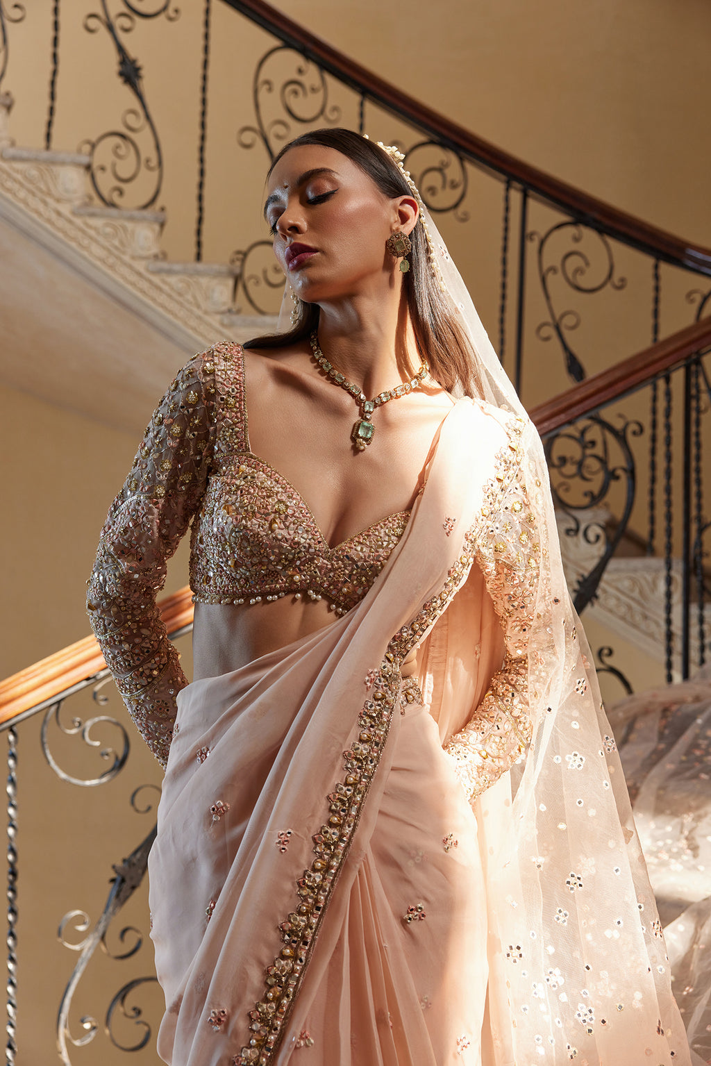 Pre-Drape Peach Organza Saree