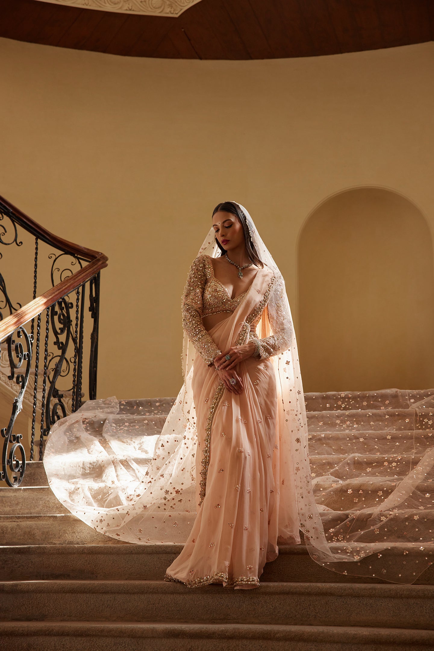 Pre-Drape Peach Organza Saree