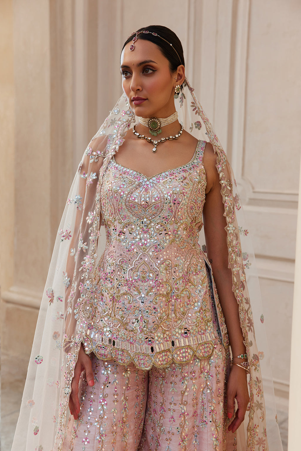 Pink Raw Silk Mirror Sharara Set