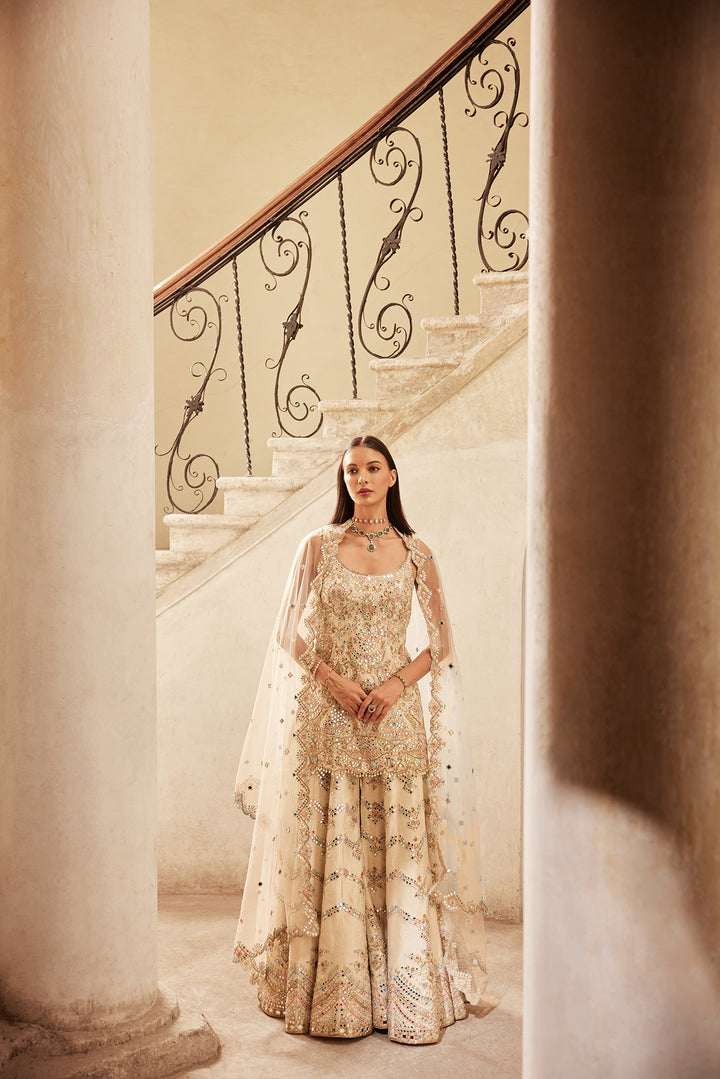 IVORY CHEVRON MIRROR SHARARA SET