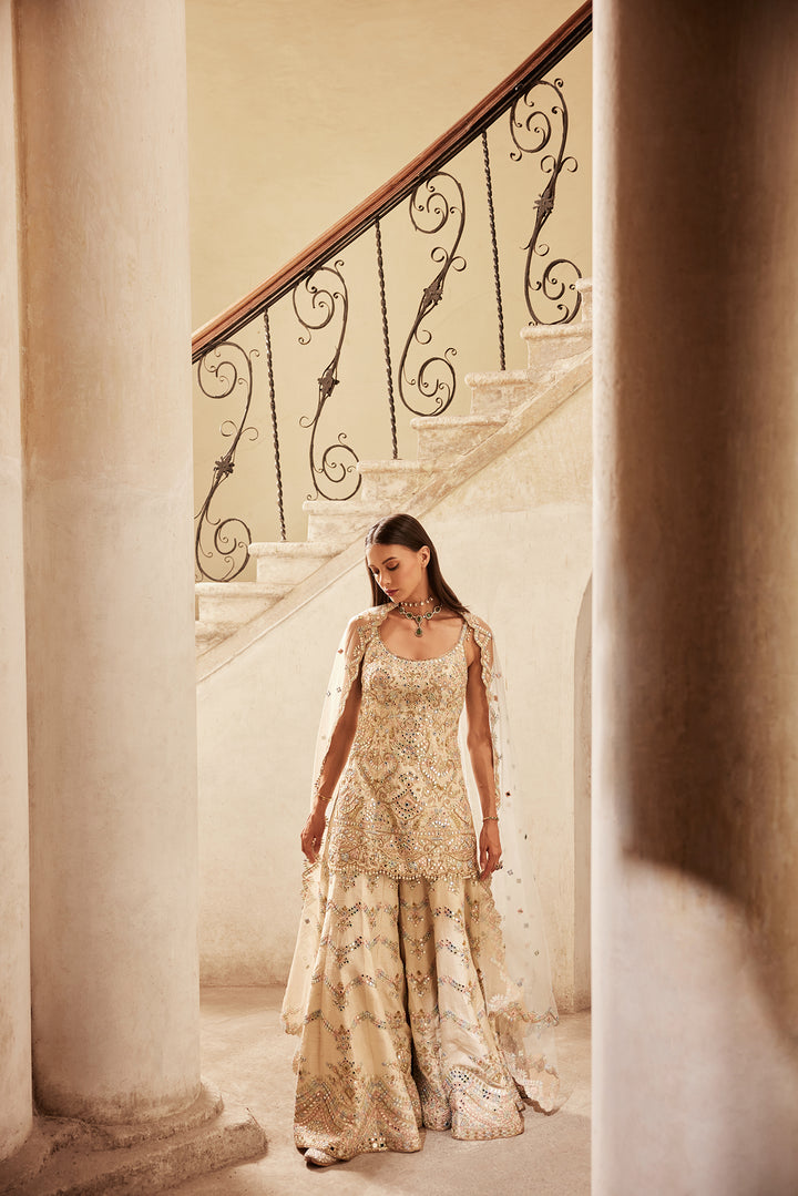 IVORY CHEVRON MIRROR SHARARA SET