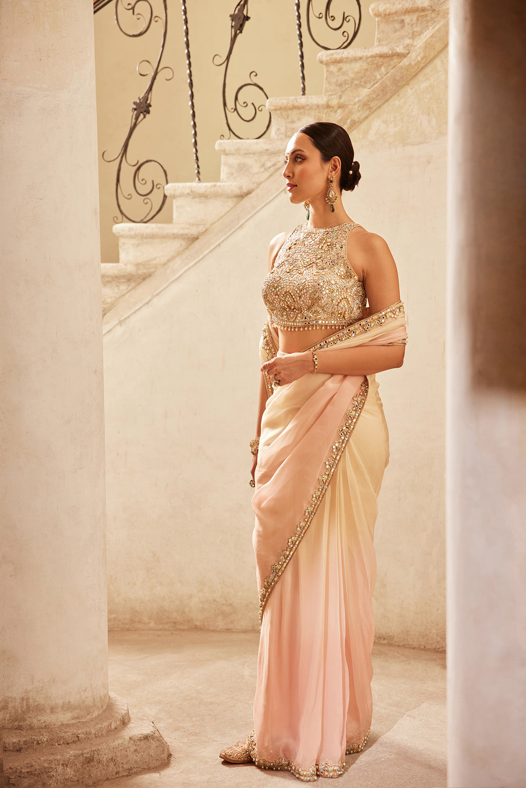 Pre-Drape Pink Ivory Ombre Organza Saree Set