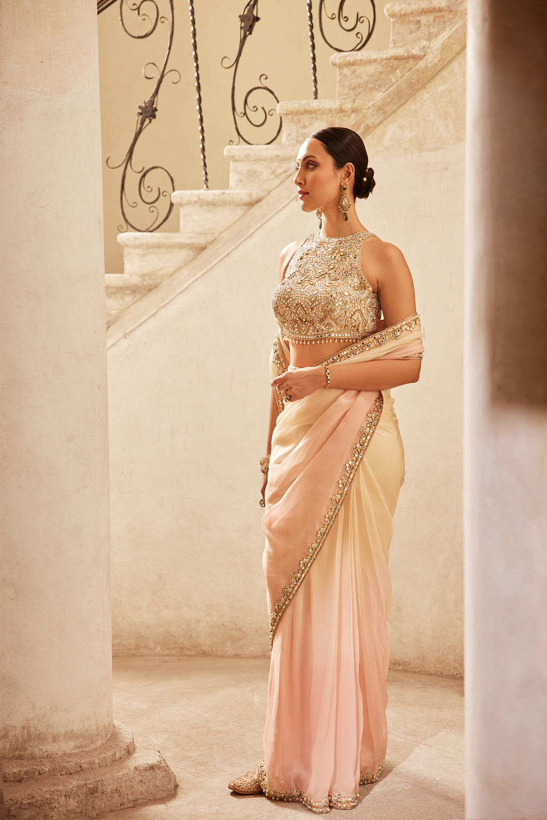 PINK IVORY OMBRE ORGANZA SAREE SET