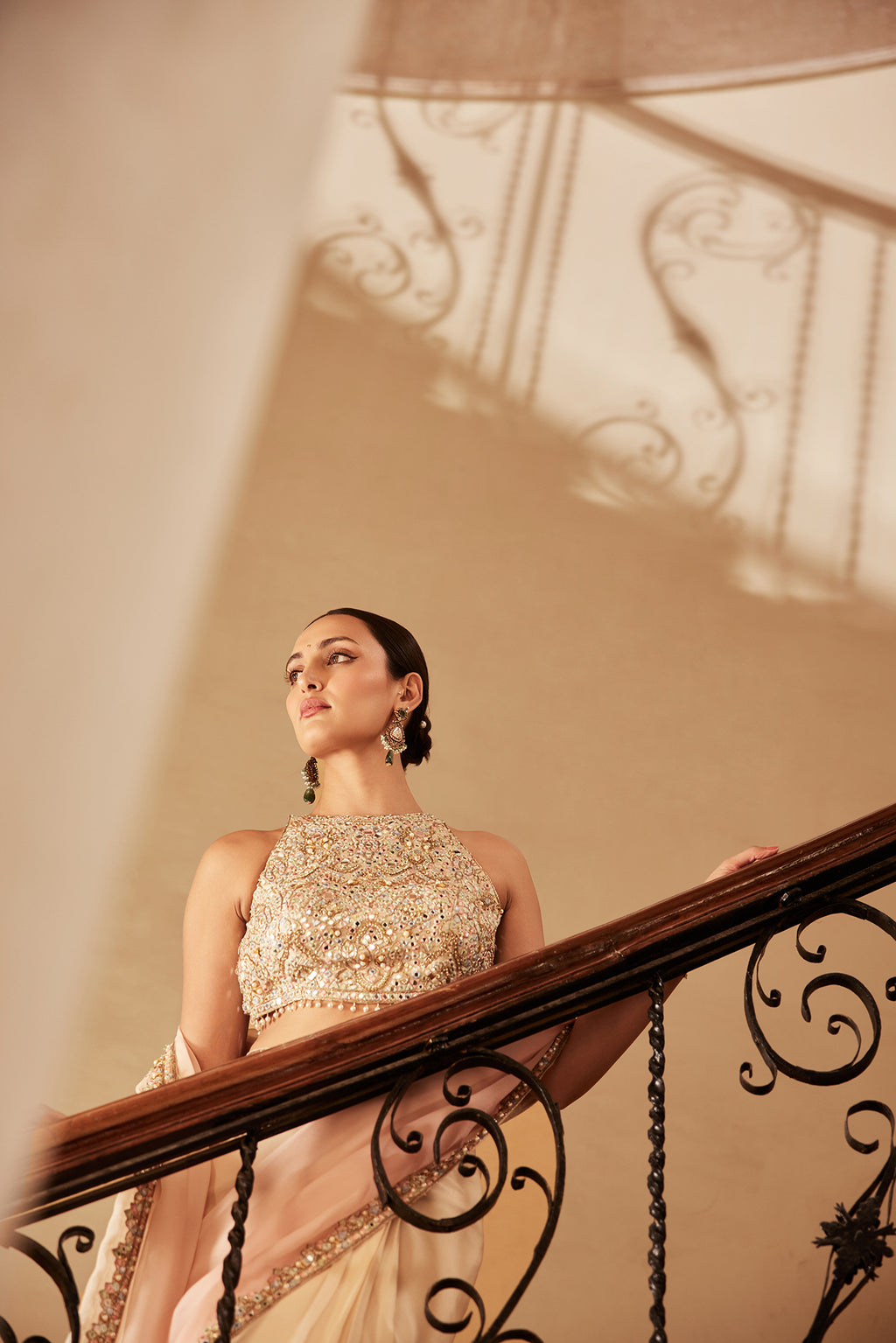 Pre-Drape Pink Ivory Ombre Organza Saree Set