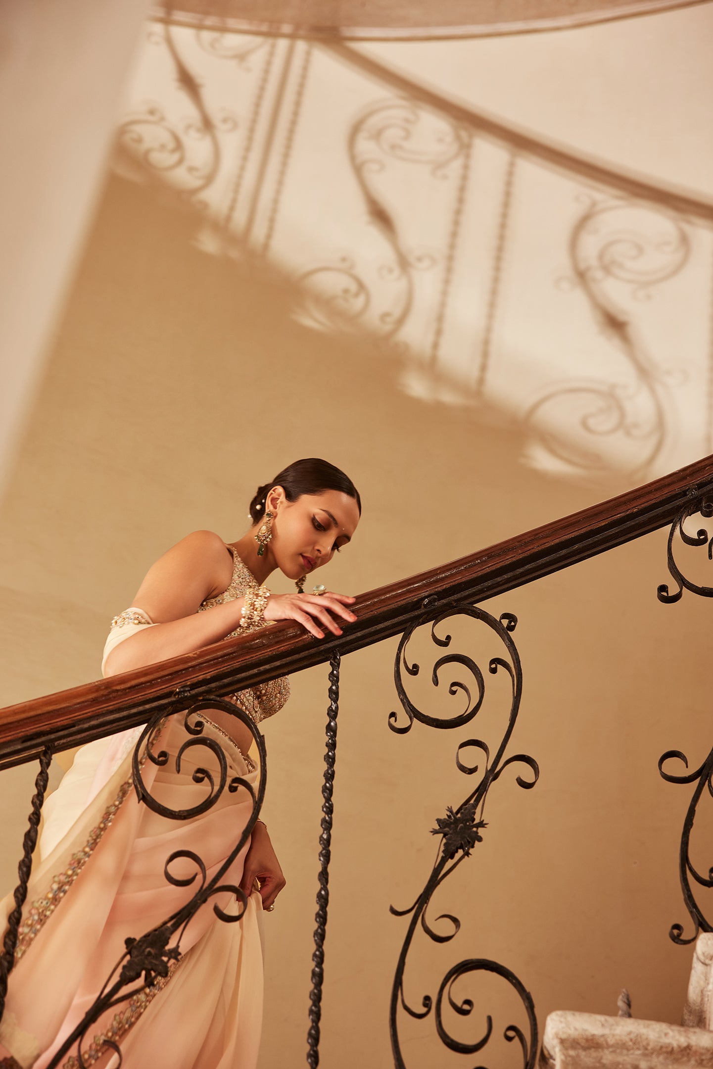 Pre-Drape Pink Ivory Ombre Organza Saree Set