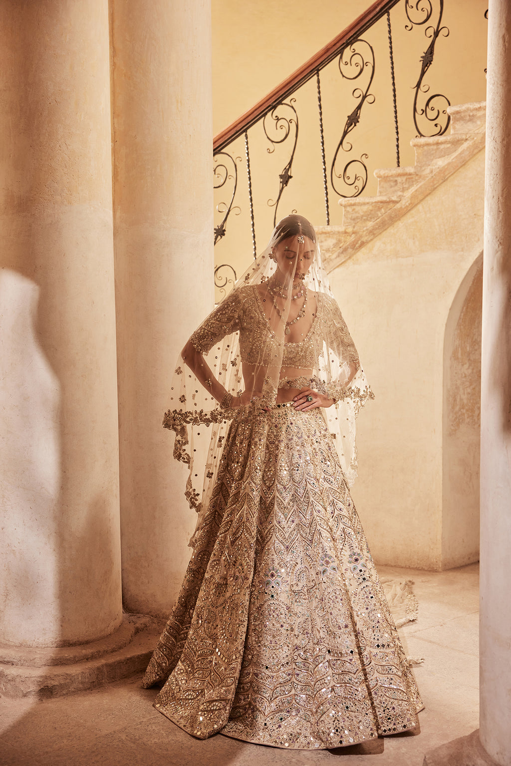 Champagne Rawsilk Mirror Lehenga Set