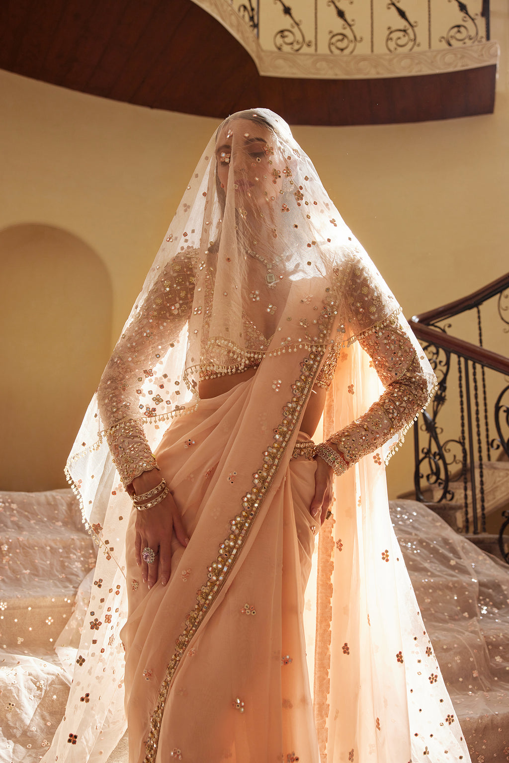 Pre-Drape Peach Organza Saree
