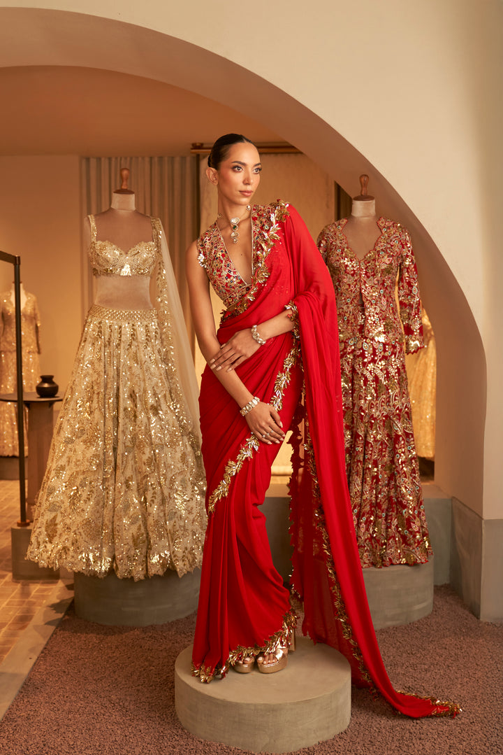 RED AND GOLD EMBROIDERED SAREE SET