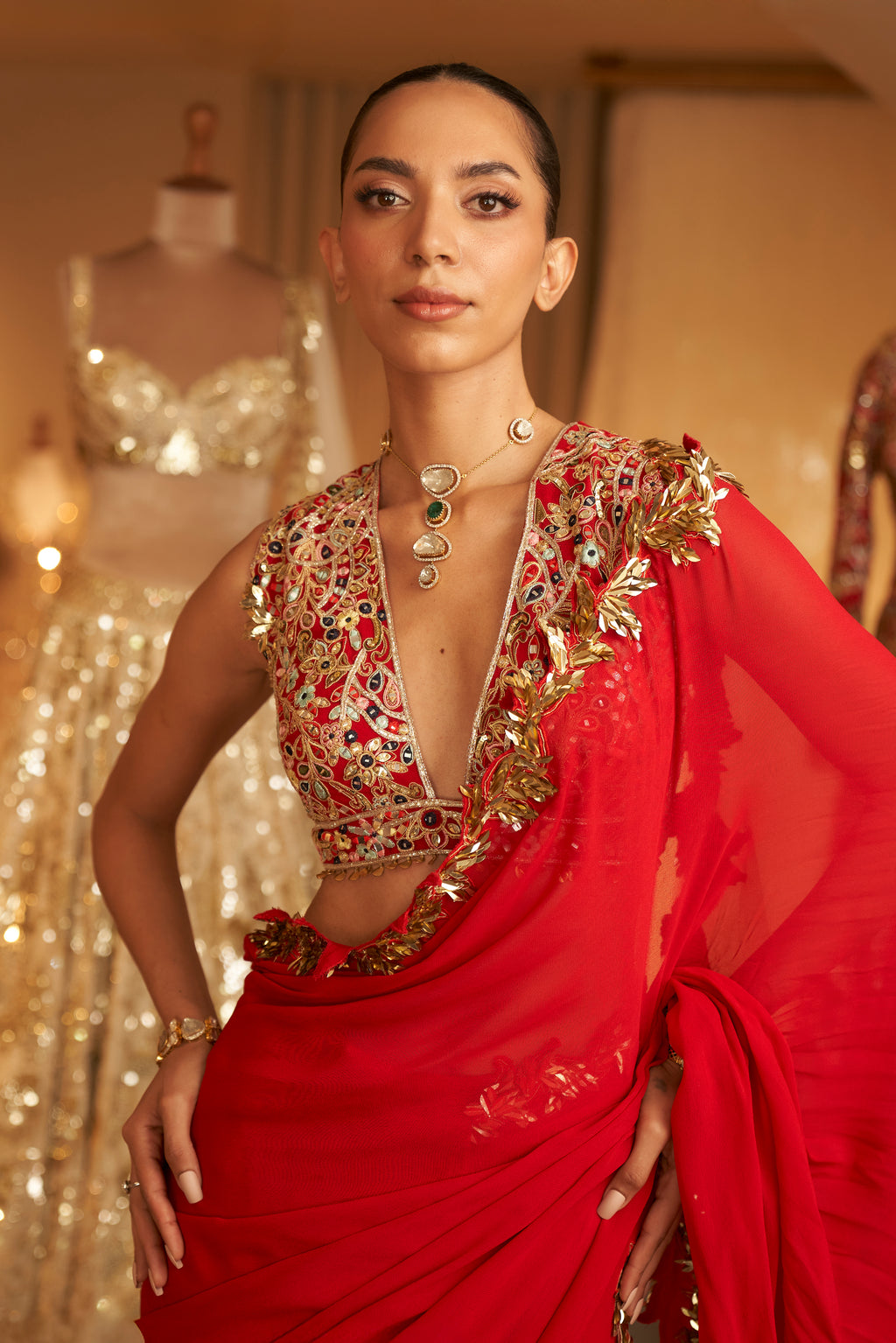 Pre-Drape Red And Gold Embroidered Saree Set
