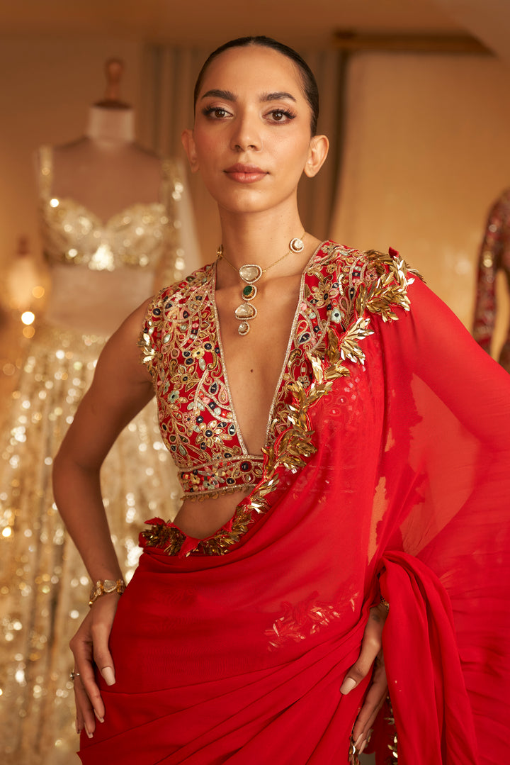 RED AND GOLD EMBROIDERED SAREE SET