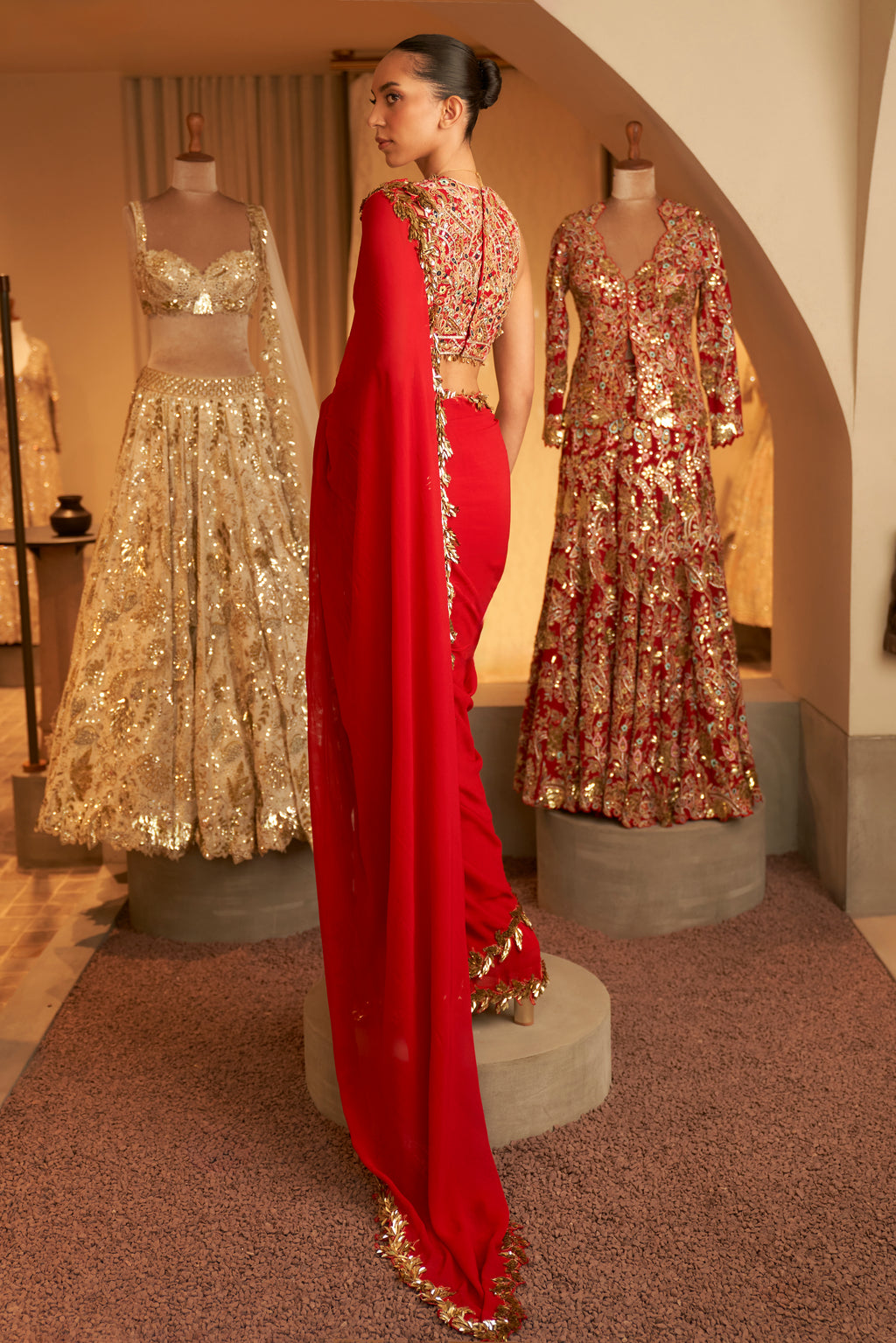 Pre-Drape Red And Gold Embroidered Saree Set