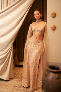 Peachy Pink Embroidered Slit Skirt With Sequin Cape And Full Sleeve Blouse
