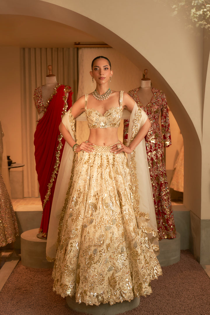 IVORY AND GOLD HEAVILY EMBROIDERED LEHENGA SET