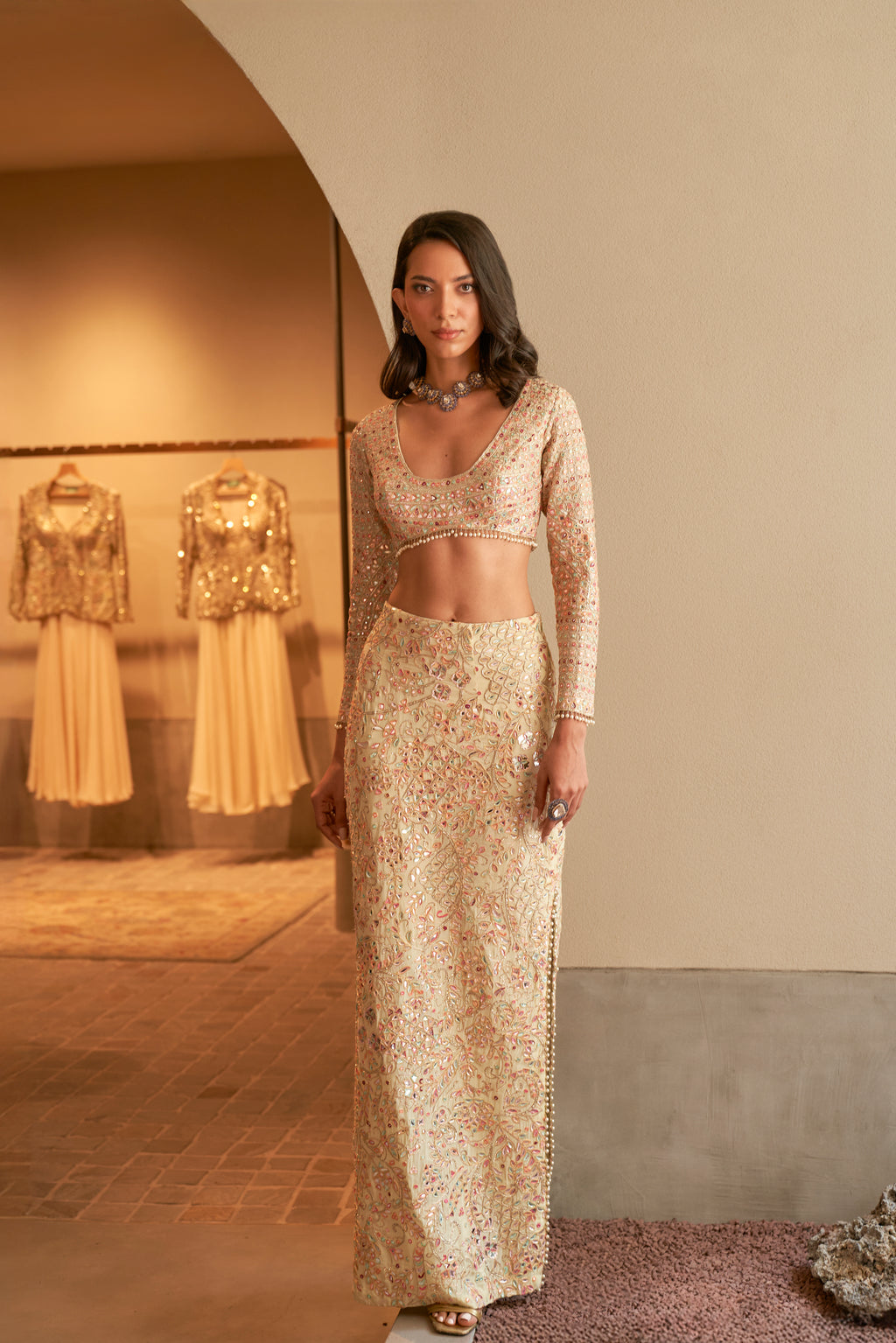 Mint Embroidered Slit Skirt With Sequin Cape And Full Sleeve Blouse