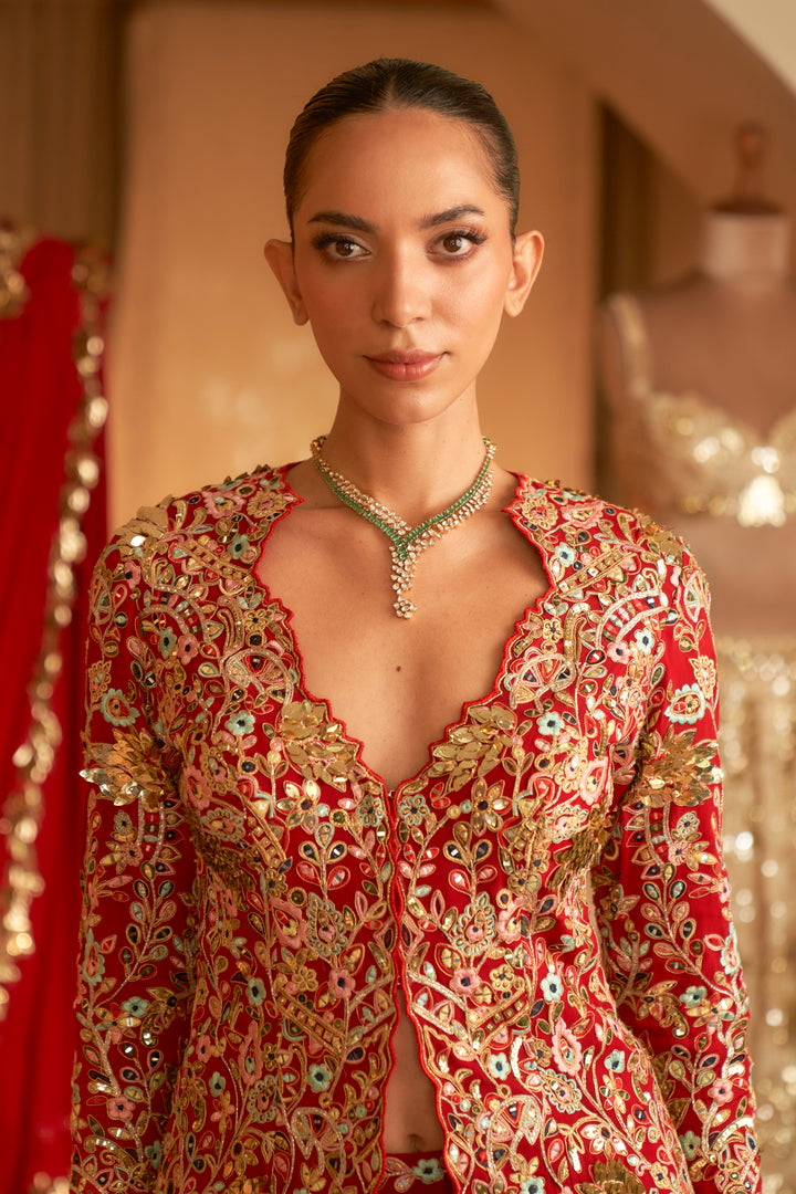 RED OPEN JACKET WITH A SHARARA