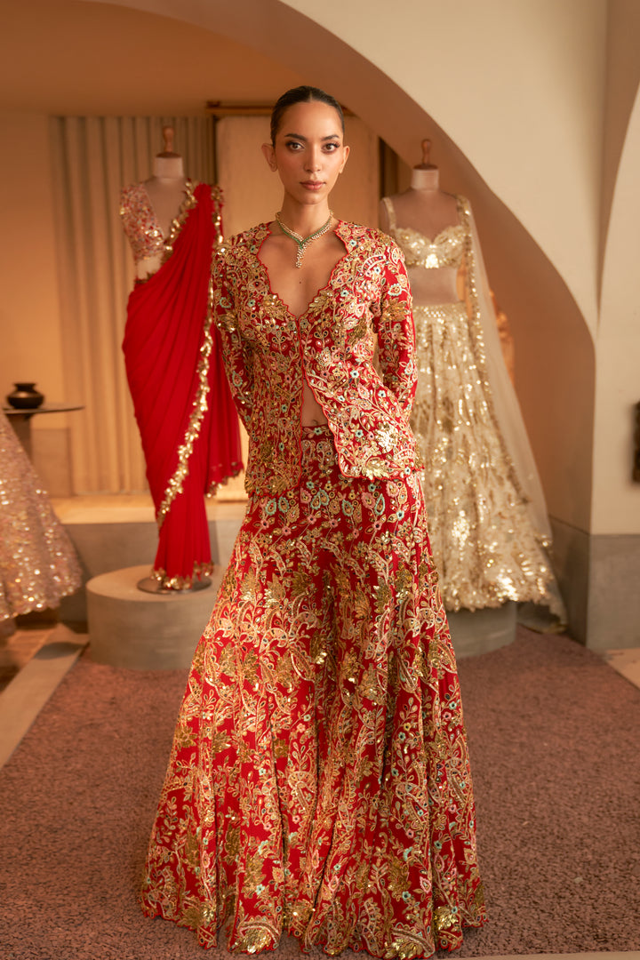 RED OPEN JACKET WITH A SHARARA