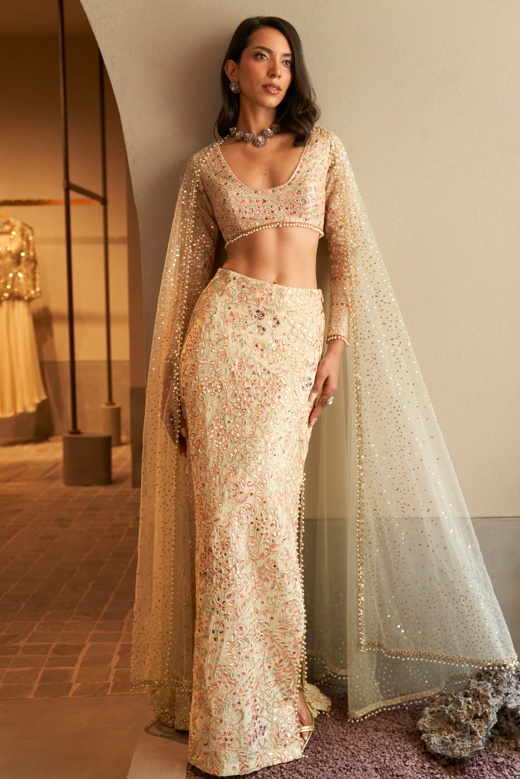 Mint Embroidered Slit Skirt With Sequin Cape And Full Sleeve Blouse