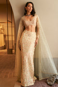 Mint Embroidered Slit Skirt With Sequin Cape And Full Sleeve Blouse