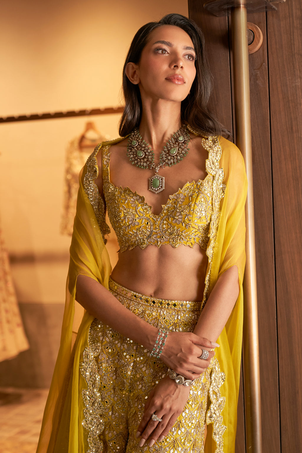 Yellow Rawsilk High Waist Sharara With Cape