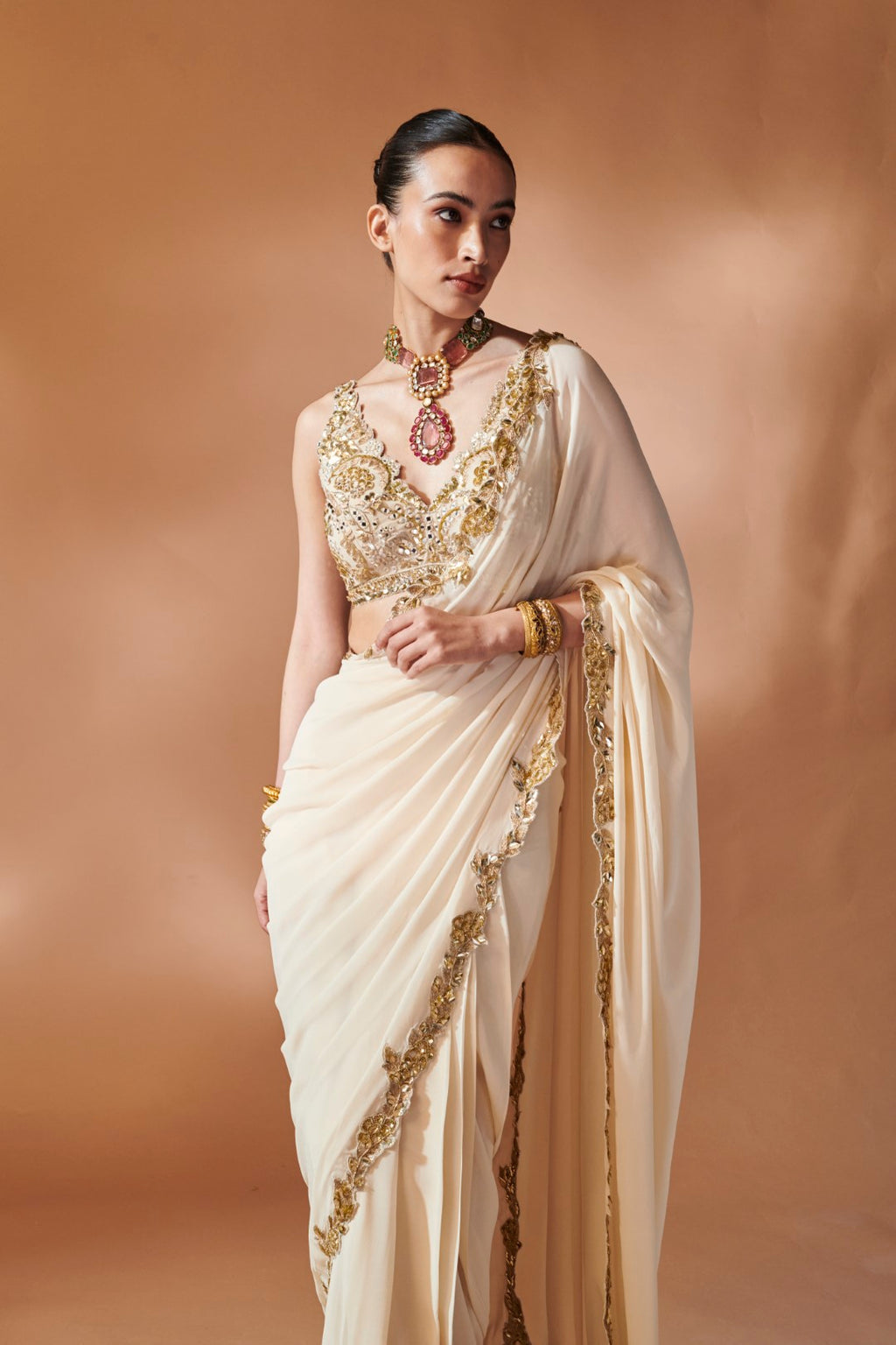 Pre-Drape Ivory And Gold Saree Set