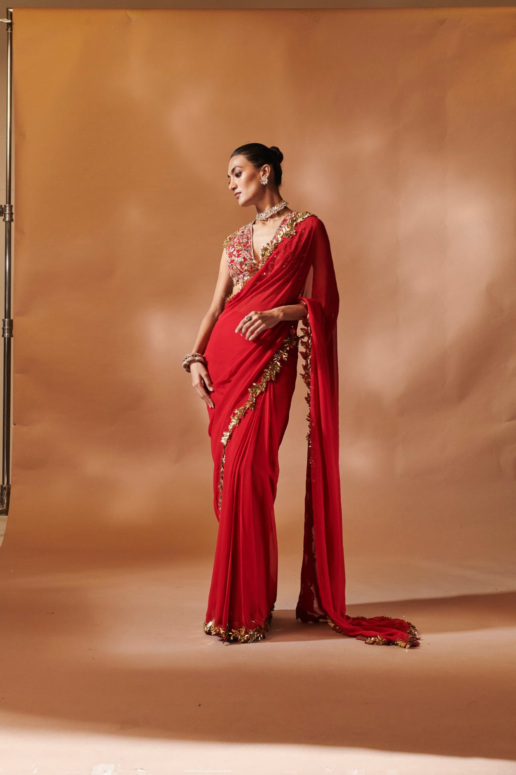 Pre-Drape Red And Gold Embroidered Saree Set