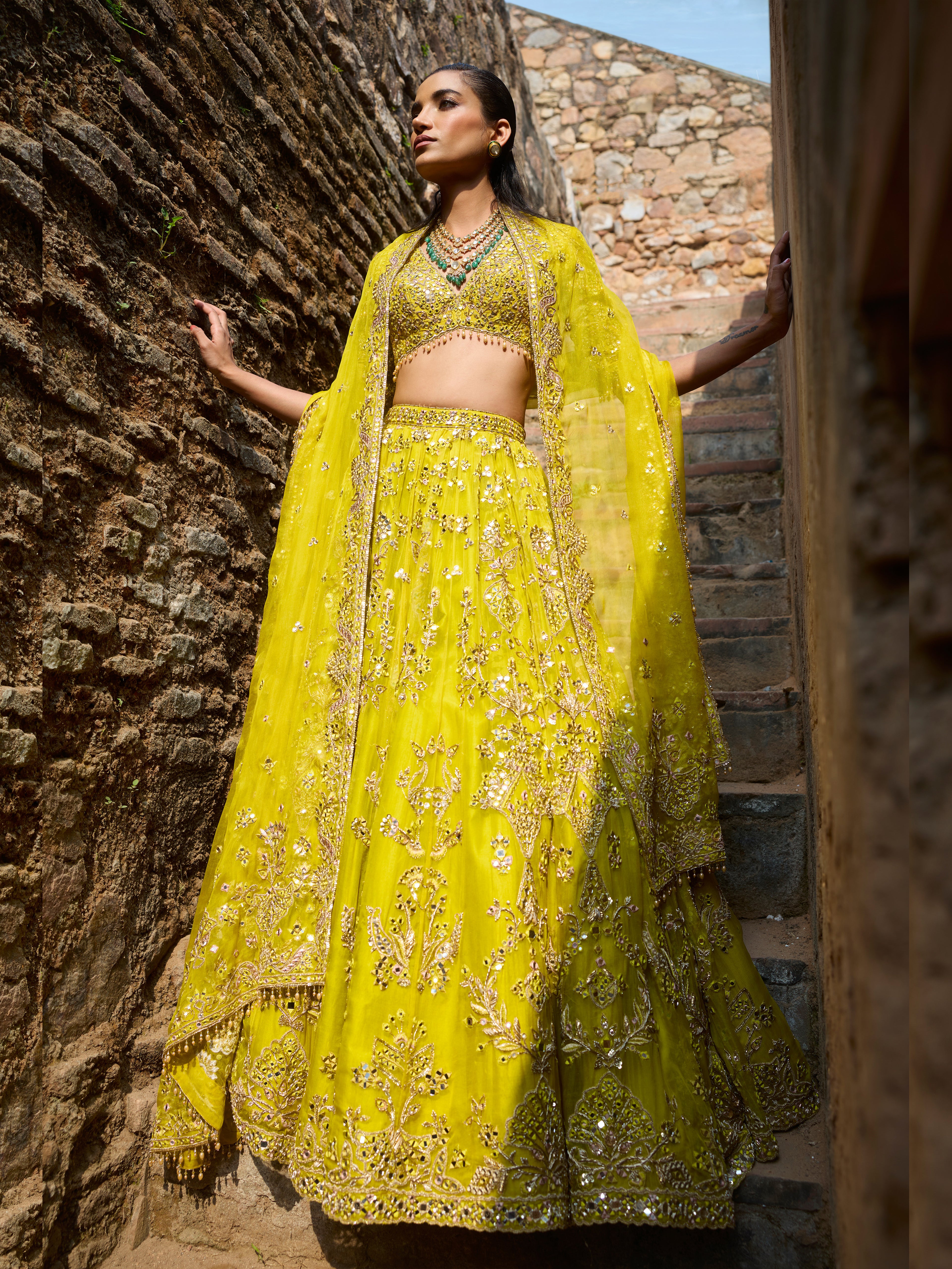 Lime Yellow Organza Lehenga set