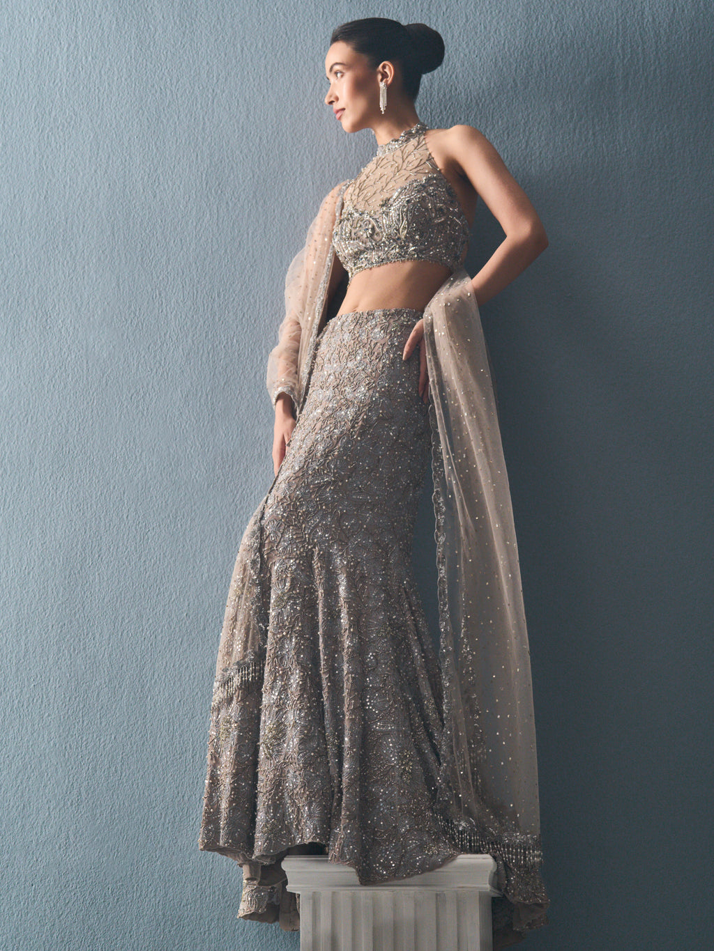 Grey Tulle Fit and Flare Lehenga Set