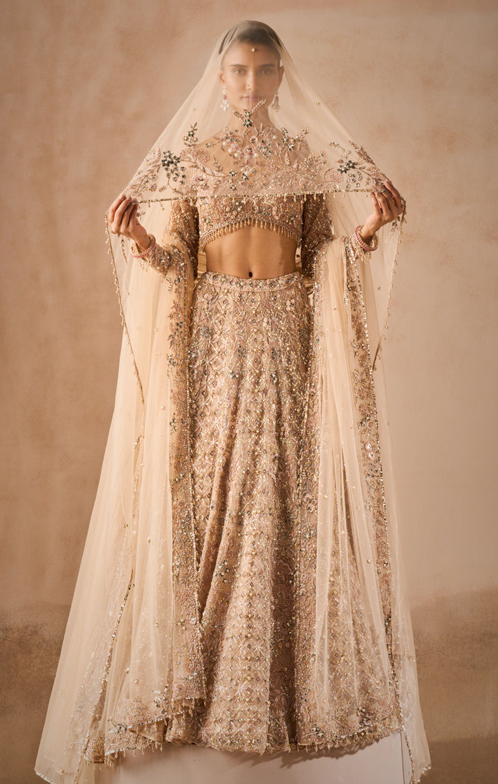BEIGE NUDE TULLE LEHENGA SET