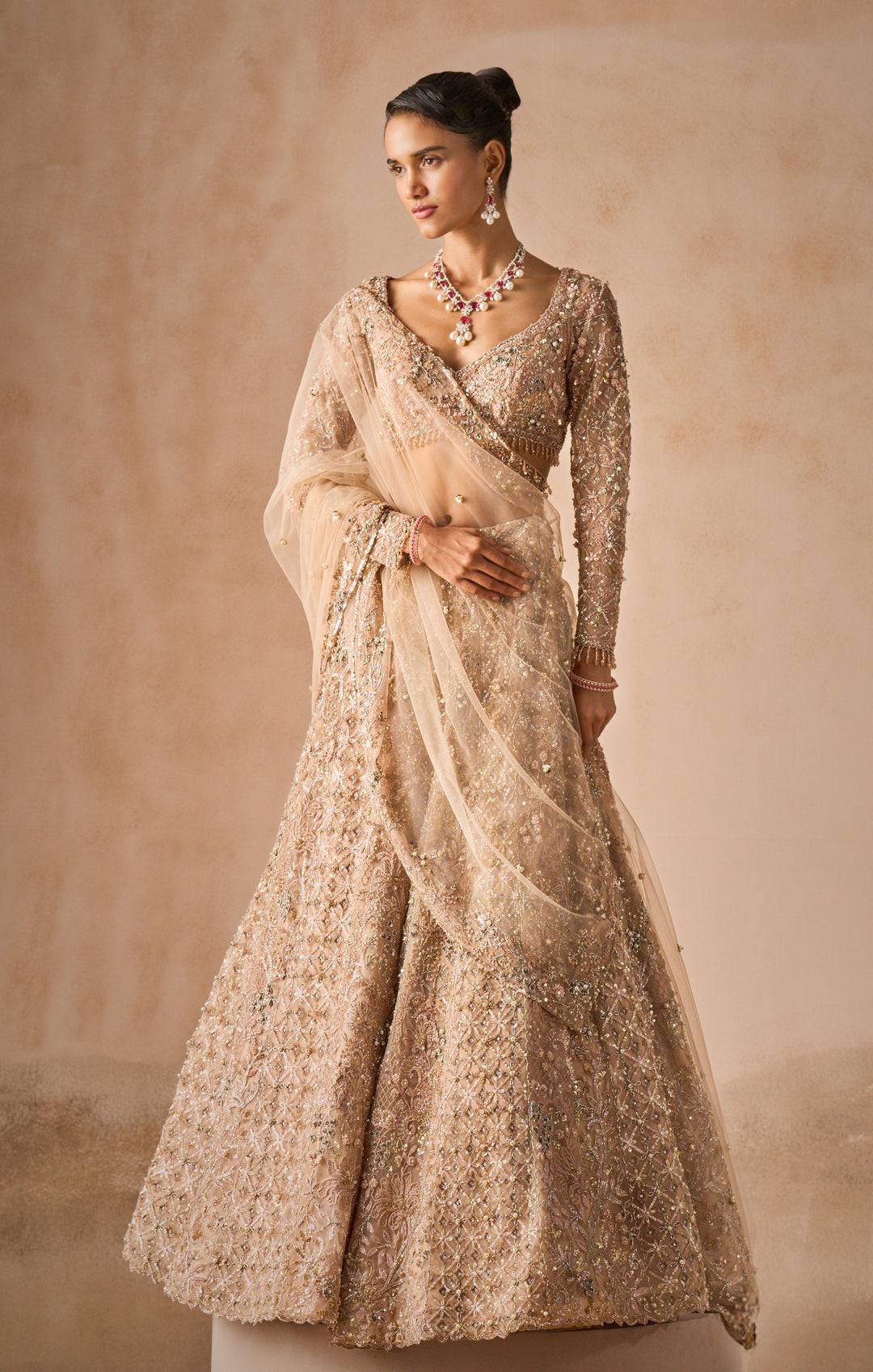 BEIGE NUDE TULLE LEHENGA SET